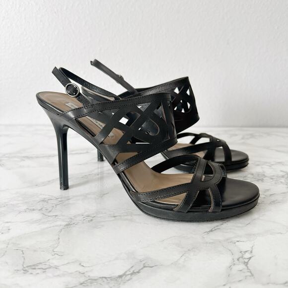 DVF Black Laser Cut Leather Stiletto Heel Open Toe Sandal Women’s Size 10 - Picture 3 of 13